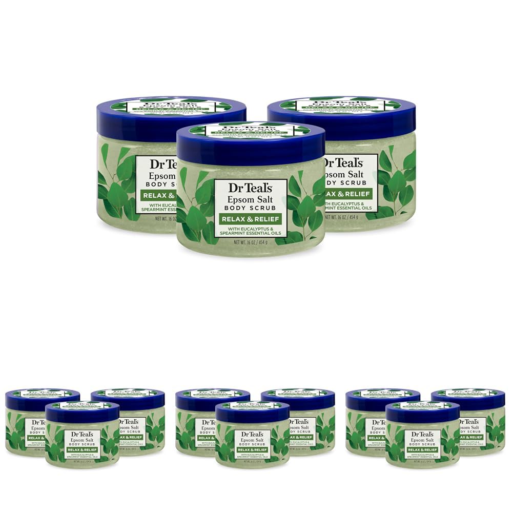 Dr Teal's Pure Epsom Salt Body Scrub, Relax & Relief with Eucalyptus & Spearmint Essential Oils, 16 oz (Pack of 3)