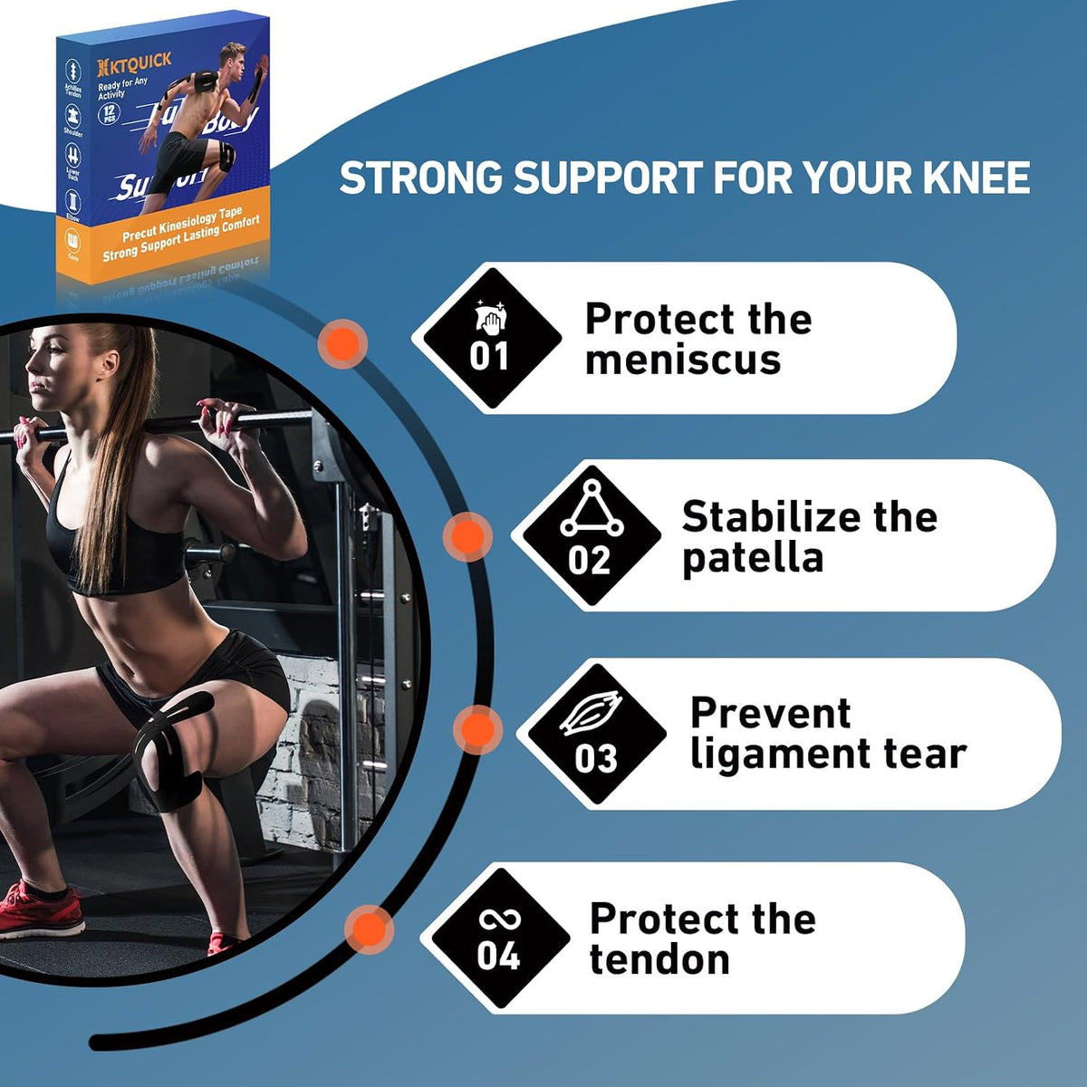 KTQUICK Precut Kinesiology Tape for Knees,Knee Support Tape&Stability,12PCS
