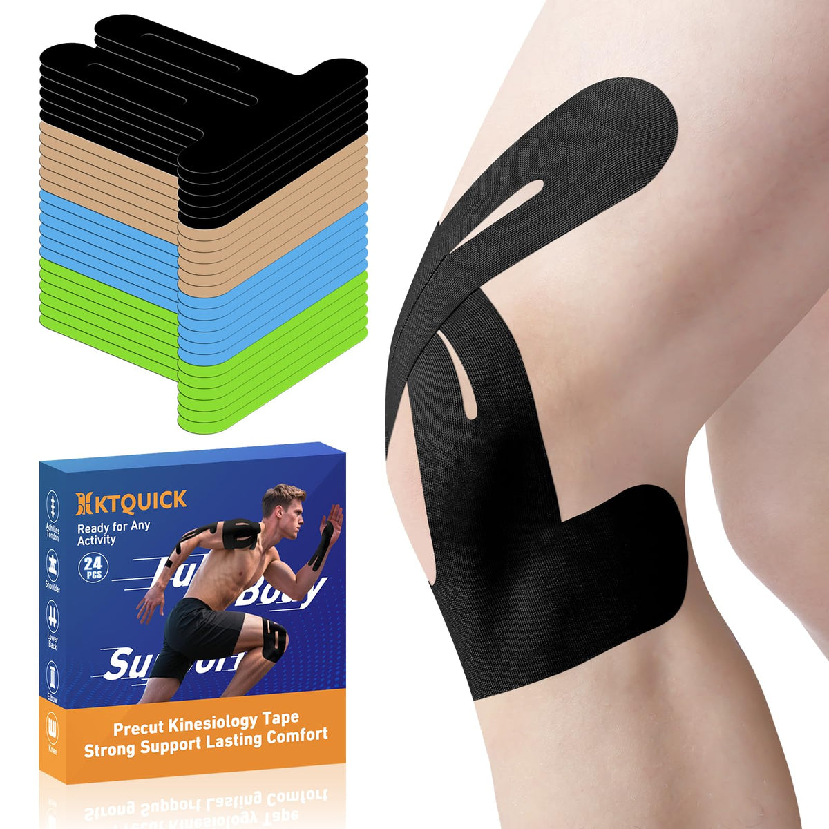 KTQUICK Precut Kinesiology Tape for Knees,Knee Support Tape&Stability,12PCS