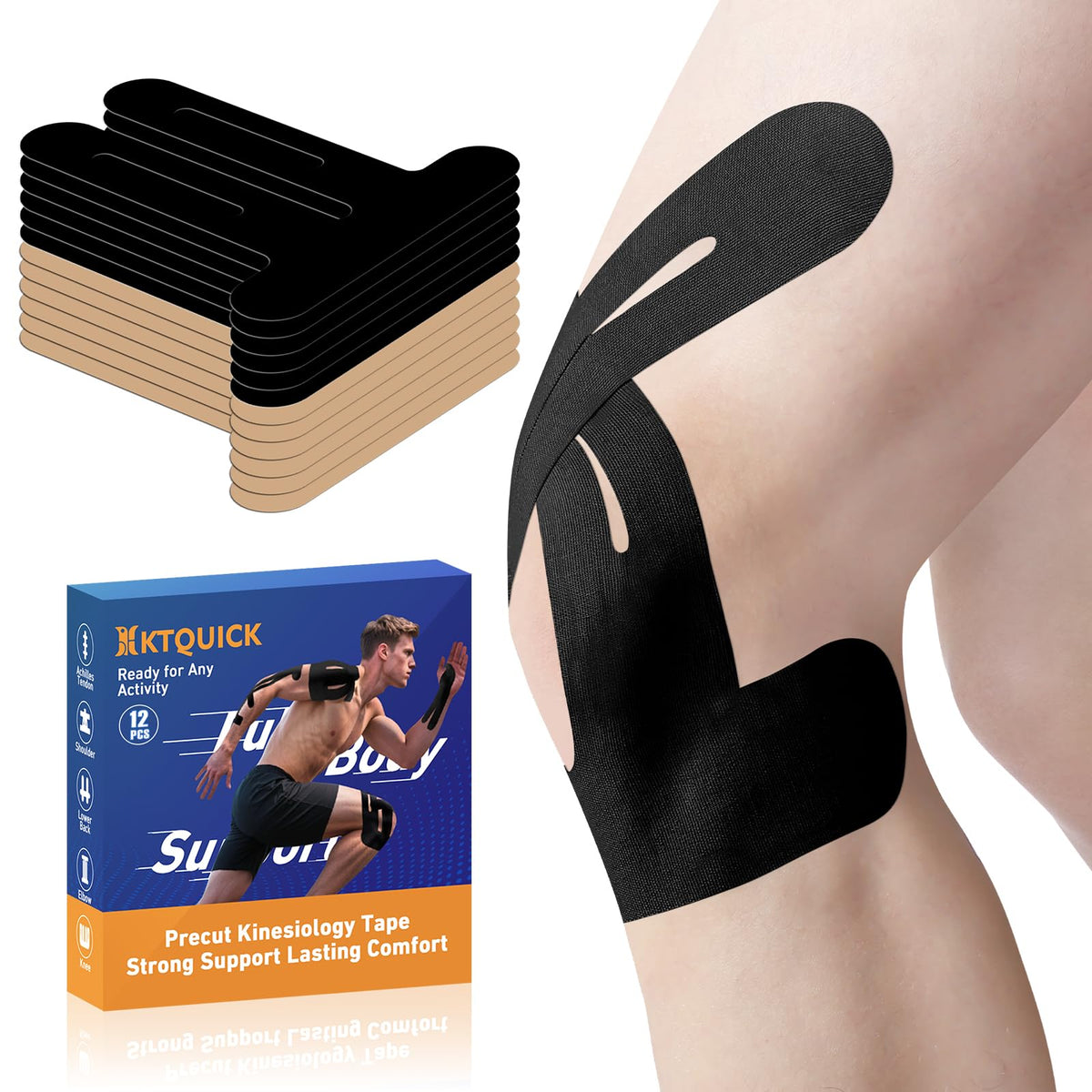 KTQUICK Precut Kinesiology Tape for Knees,Knee Support Tape&Stability,12PCS