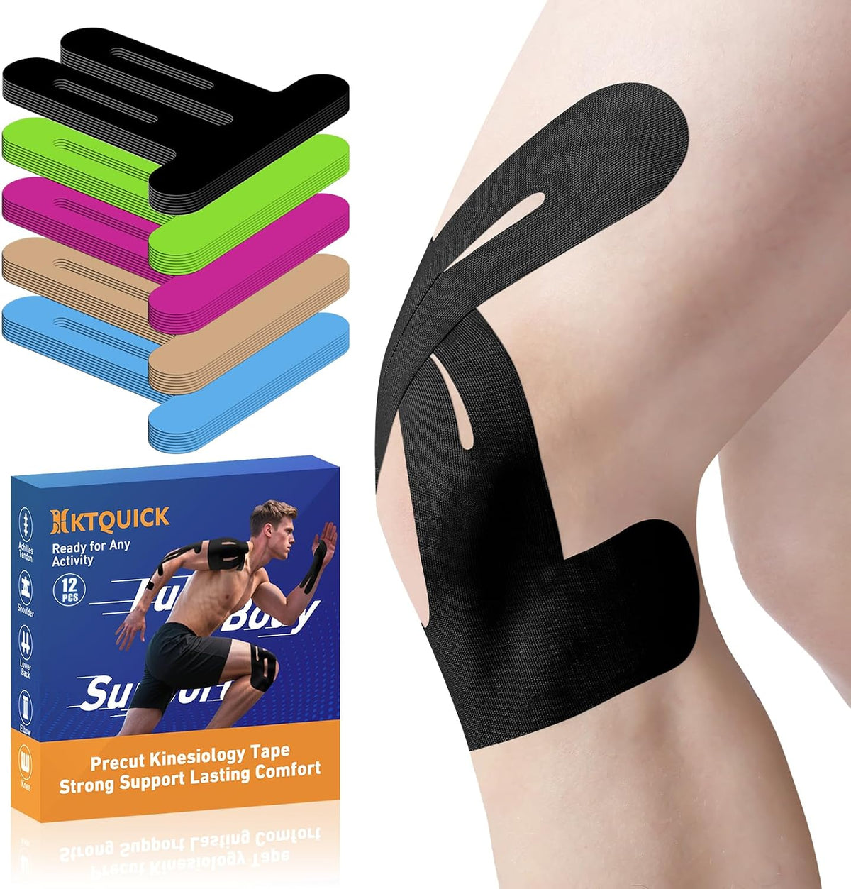 KTQUICK Precut Kinesiology Tape for Knees,Knee Support Tape&Stability,12PCS
