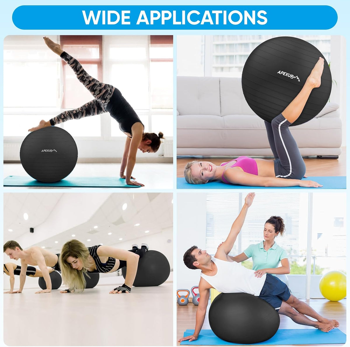 APEXUP Yoga Ball, 660 lbs Anti-Burst Exercise Ball with Pump, 5 Sizes