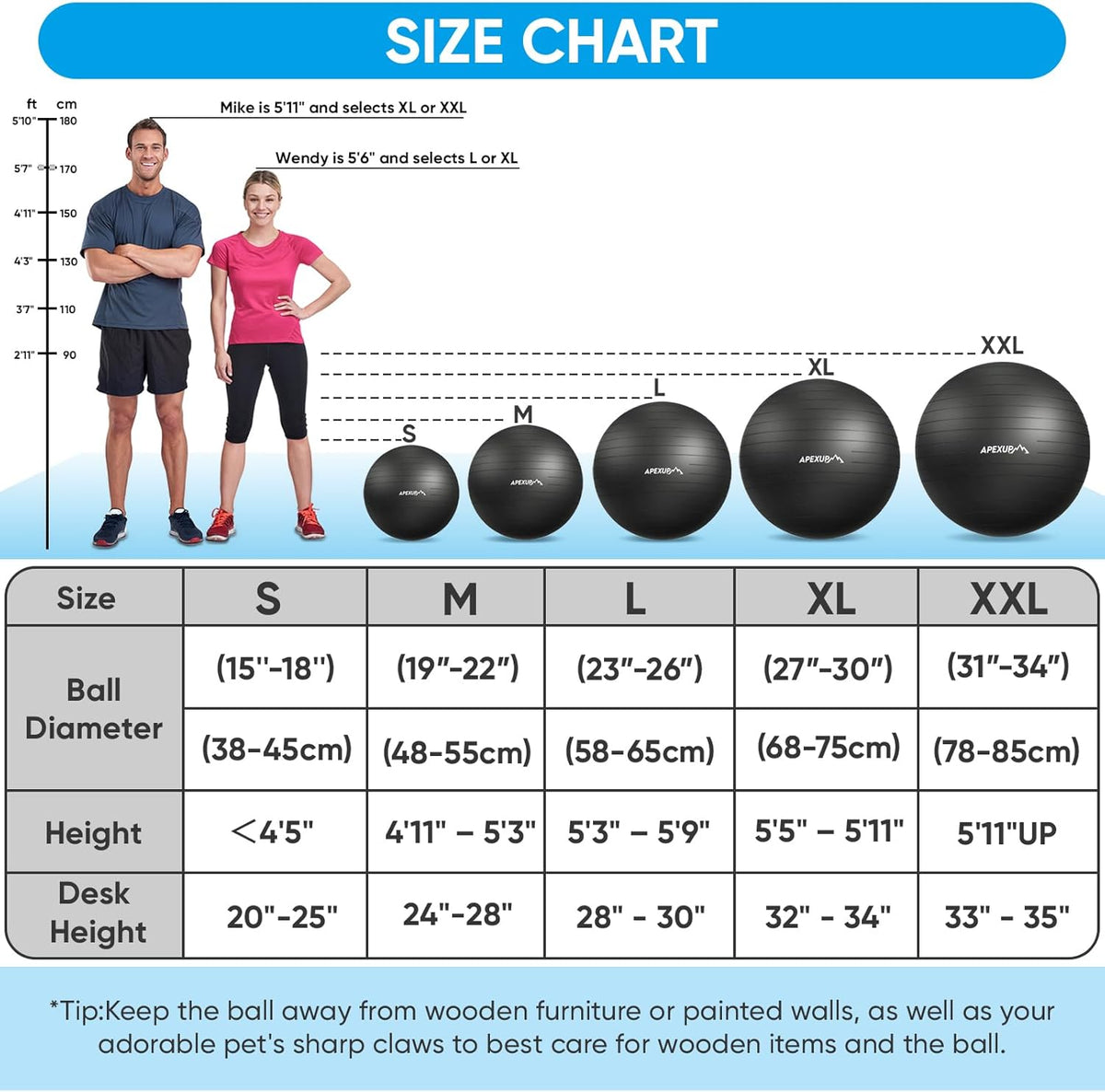 APEXUP Yoga Ball, 660 lbs Anti-Burst Exercise Ball with Pump, 5 Sizes