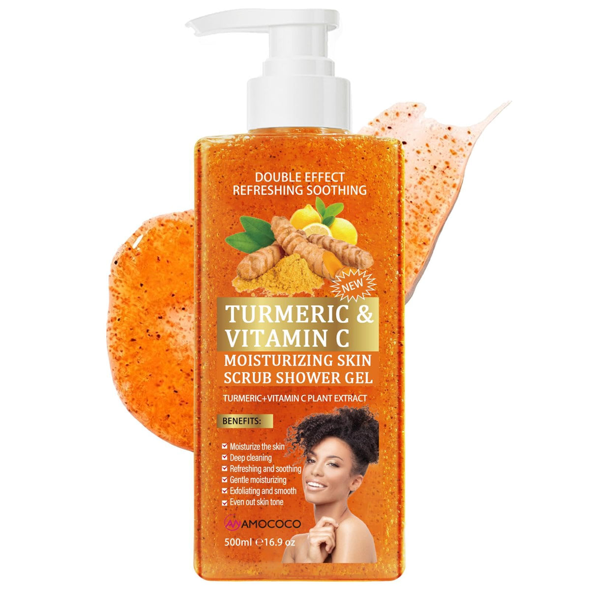 3Packs Vitamin C Turmeric Body Scrub Body Wash, Gentle Exfoliating Shower Gel with Fine Scrub Particles, Hydrating & Moisturizing Daily Cleanser Shower Gel, Unisex, 16.9 fl oz*3