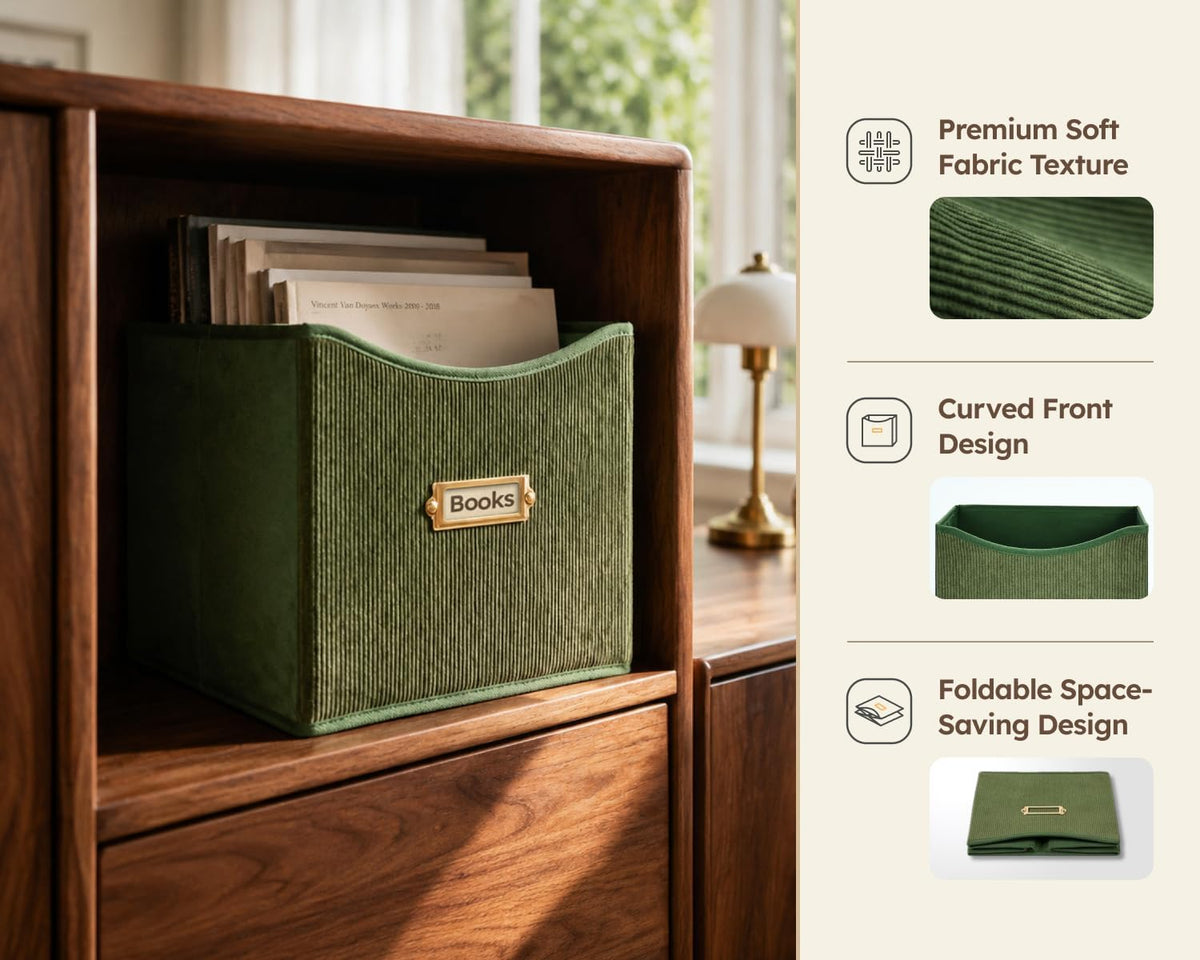 Corduroy Cube Storage Bin 10.2", Fabric Cube Organizer, Green, 6 Pack