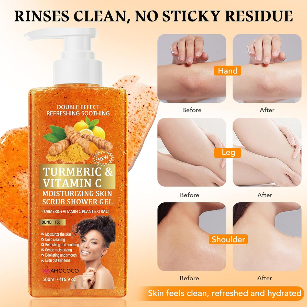3Packs Vitamin C Turmeric Body Scrub Body Wash, Gentle Exfoliating Shower Gel with Fine Scrub Particles, Hydrating & Moisturizing Daily Cleanser Shower Gel, Unisex, 16.9 fl oz*3