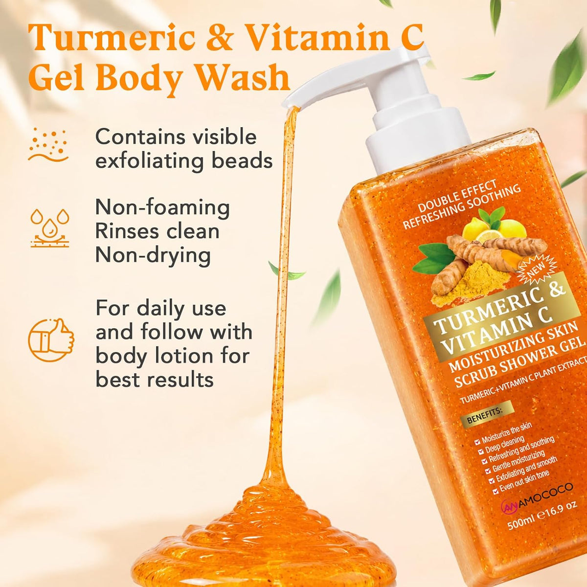 3Packs Vitamin C Turmeric Body Scrub Body Wash, Gentle Exfoliating Shower Gel with Fine Scrub Particles, Hydrating & Moisturizing Daily Cleanser Shower Gel, Unisex, 16.9 fl oz*3