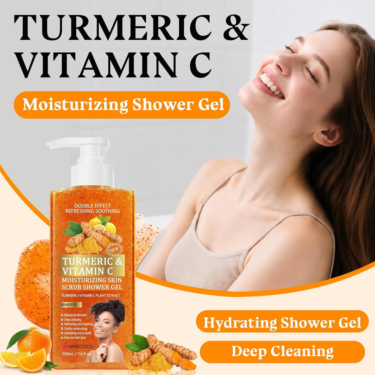 3Packs Vitamin C Turmeric Body Scrub Body Wash, Gentle Exfoliating Shower Gel with Fine Scrub Particles, Hydrating & Moisturizing Daily Cleanser Shower Gel, Unisex, 16.9 fl oz*3