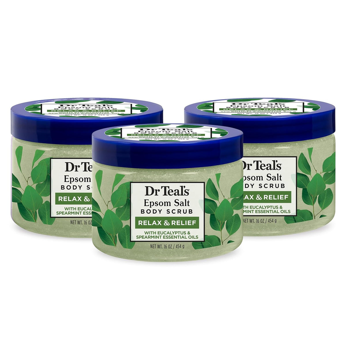 Dr Teal's Pure Epsom Salt Body Scrub, Relax & Relief with Eucalyptus & Spearmint Essential Oils, 16 oz (Pack of 3)