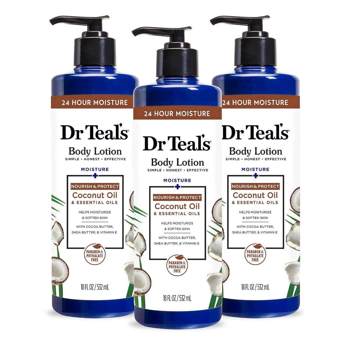Dr Teal's 24 Hour Moisture+ Body Lotion, Eucalyptus & Spearmint & Essential Oils, 18 fl oz (Pack of 3)