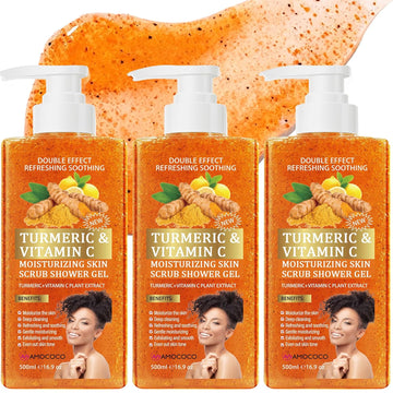 3Packs Vitamin C Turmeric Body Scrub Body Wash, Gentle Exfoliating Shower Gel with Fine Scrub Particles, Hydrating & Moisturizing Daily Cleanser Shower Gel, Unisex, 16.9 fl oz*3