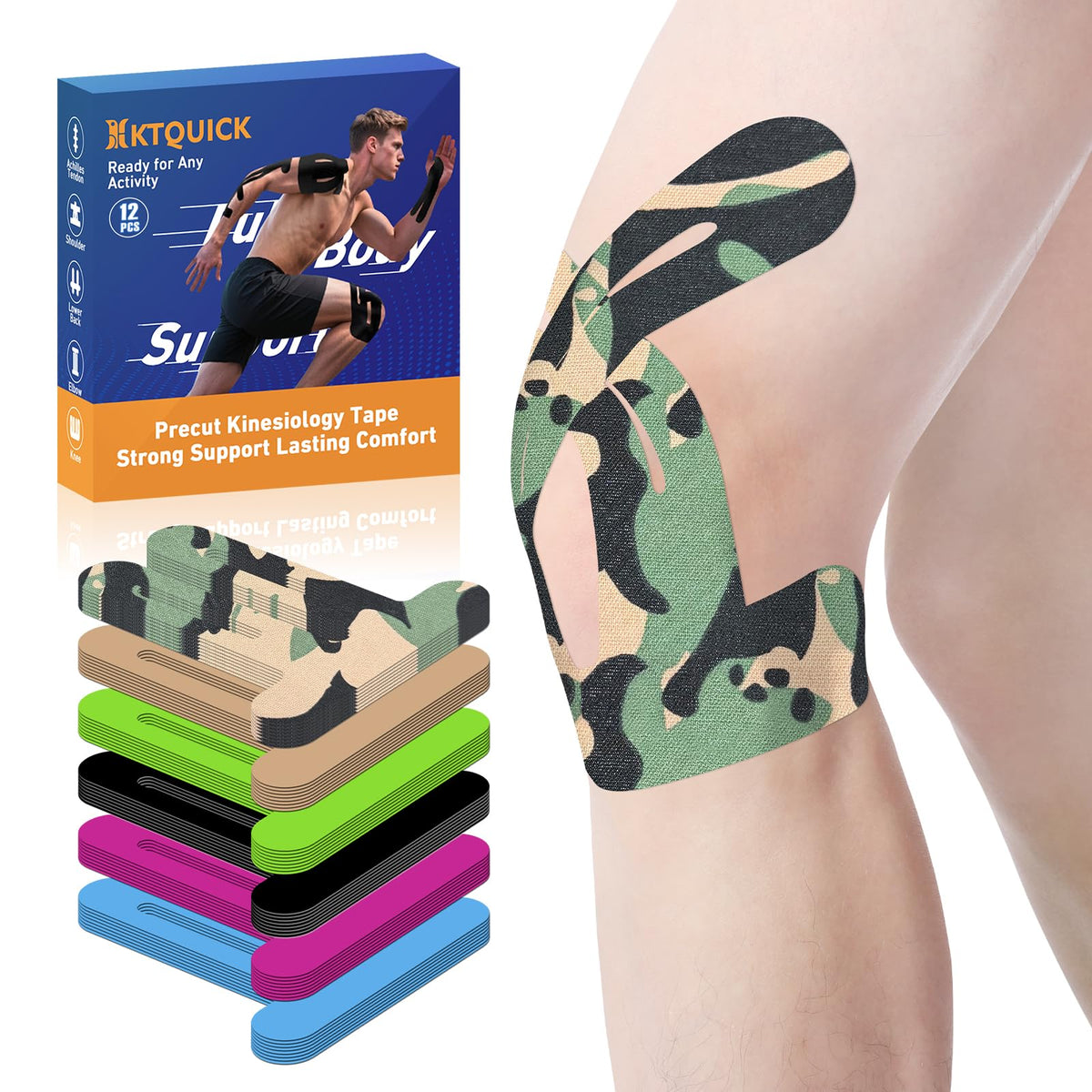 KTQUICK Precut Kinesiology Tape for Knees,Knee Support Tape&Stability,12PCS