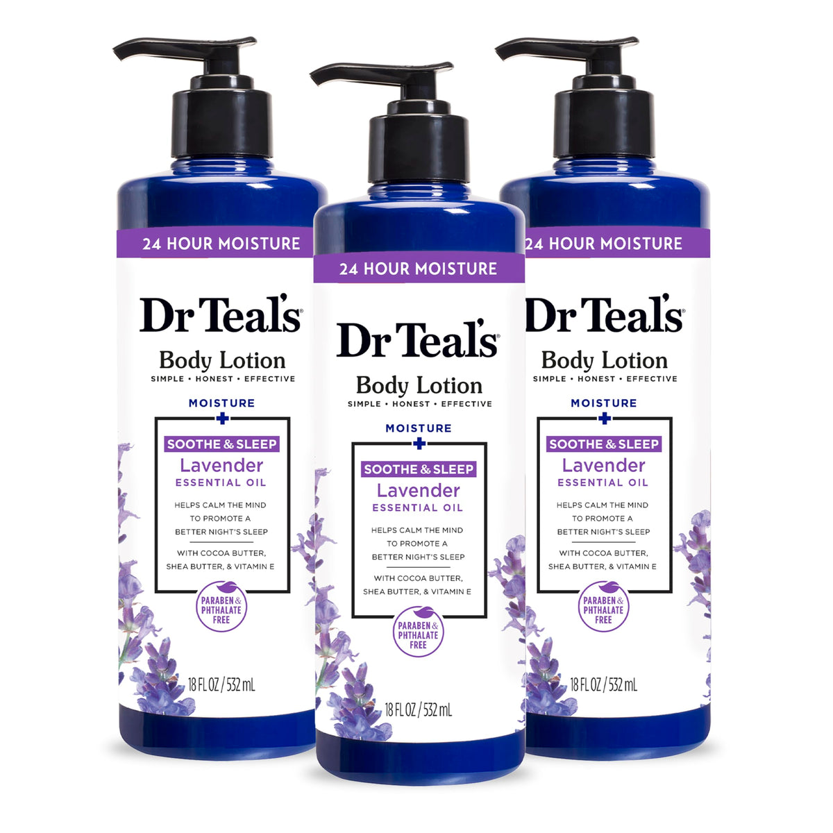 Dr Teal's 24 Hour Moisture+ Body Lotion, Eucalyptus & Spearmint & Essential Oils, 18 fl oz (Pack of 3)