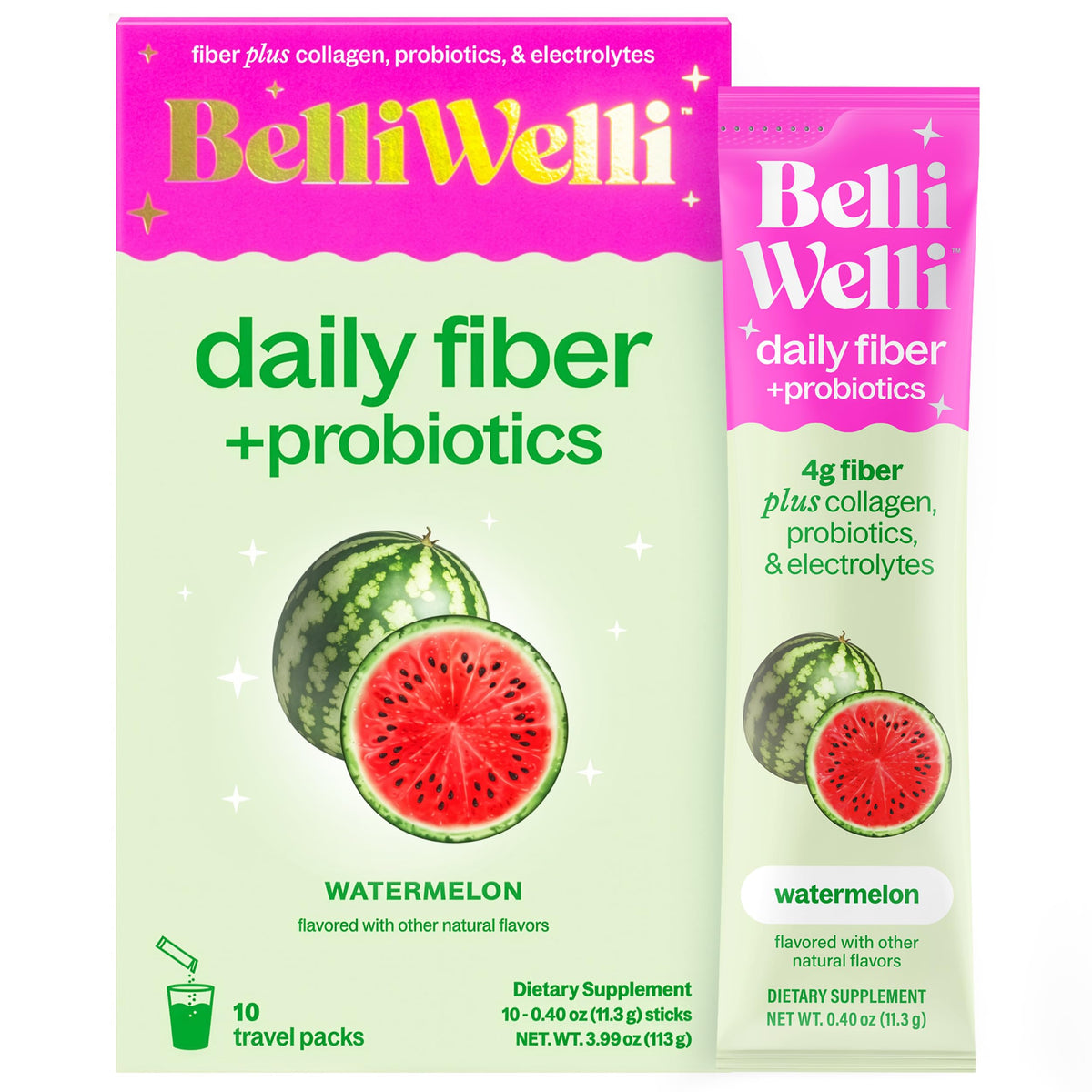 Belli Welli Daily Fiber Supplement Packets with Collagen, Probiotics & Electrolytes | Single Serve Packets for Gut Health, Digestion & Debloating | Variety | 10 Count