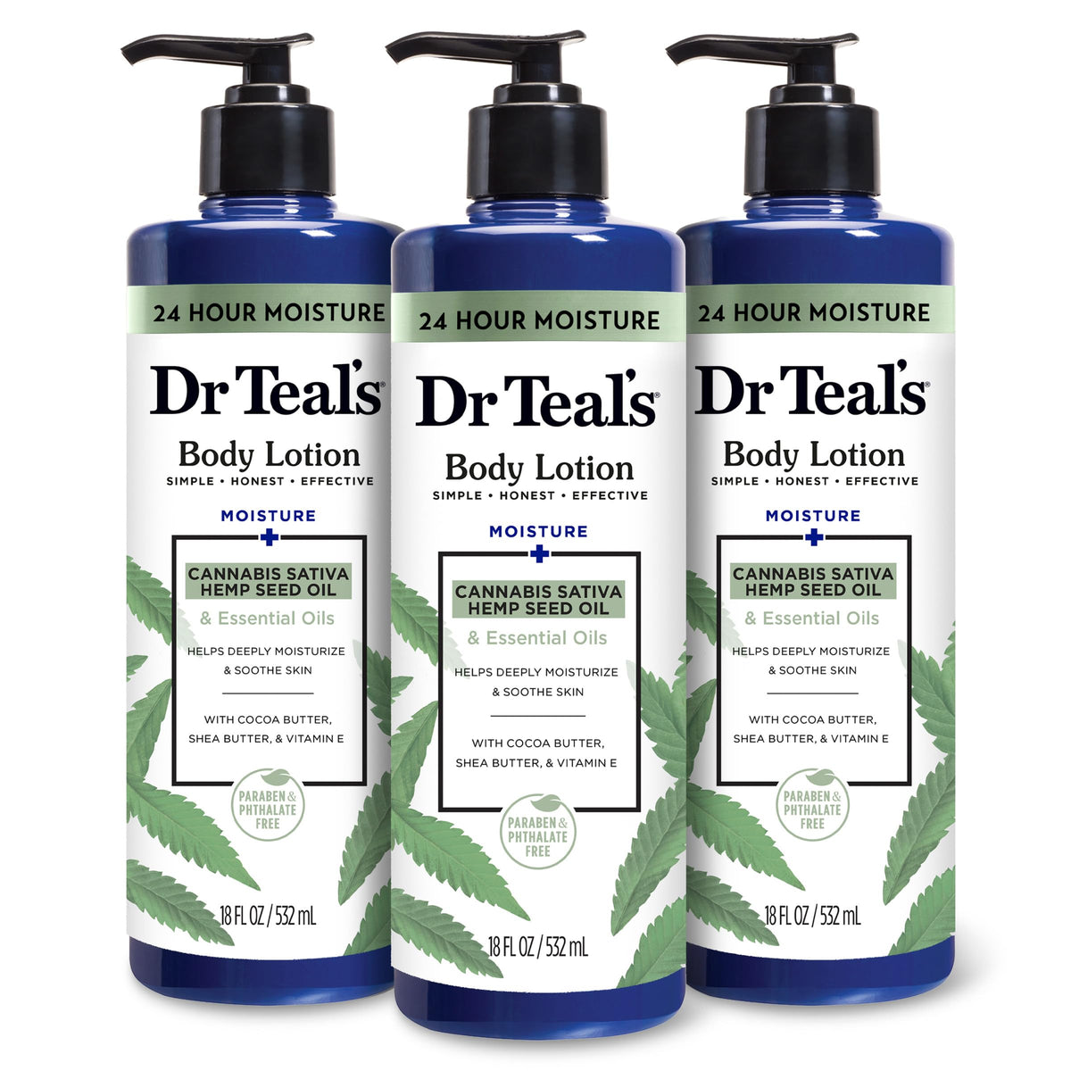 Dr Teal's 24 Hour Moisture+ Body Lotion, Eucalyptus & Spearmint & Essential Oils, 18 fl oz (Pack of 3)