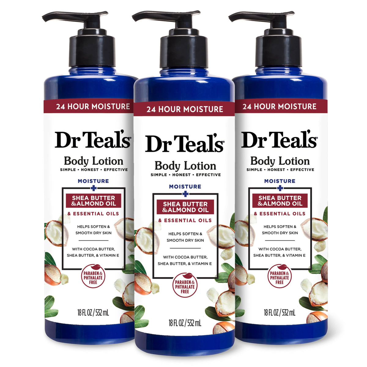 Dr Teal's 24 Hour Moisture+ Body Lotion, Eucalyptus & Spearmint & Essential Oils, 18 fl oz (Pack of 3)