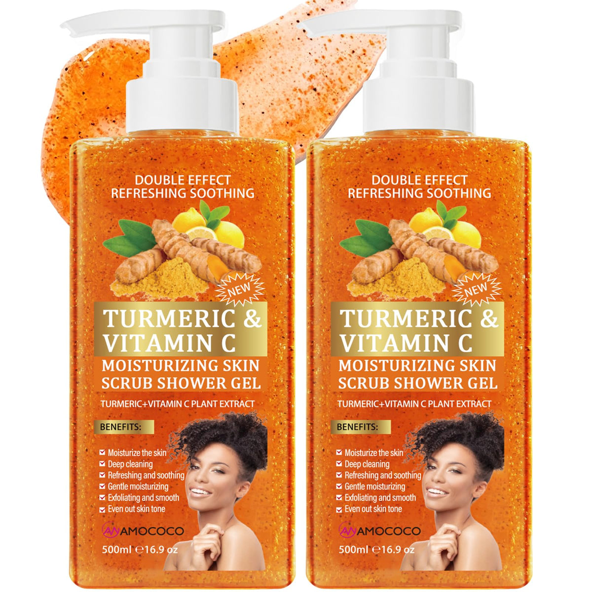 3Packs Vitamin C Turmeric Body Scrub Body Wash, Gentle Exfoliating Shower Gel with Fine Scrub Particles, Hydrating & Moisturizing Daily Cleanser Shower Gel, Unisex, 16.9 fl oz*3