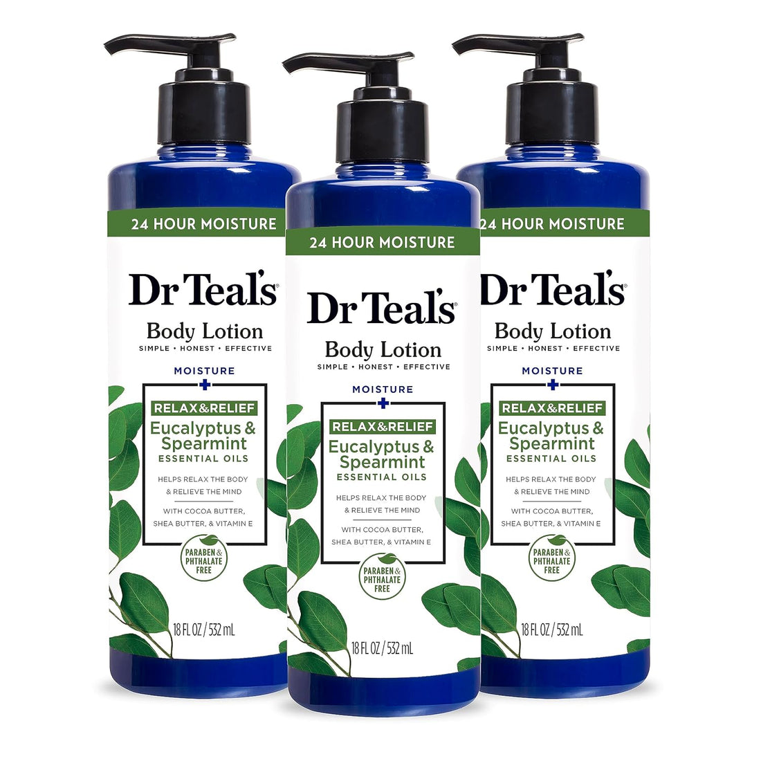 Dr Teal's 24 Hour Moisture+ Body Lotion, Eucalyptus & Spearmint & Essential Oils, 18 fl oz (Pack of 3)