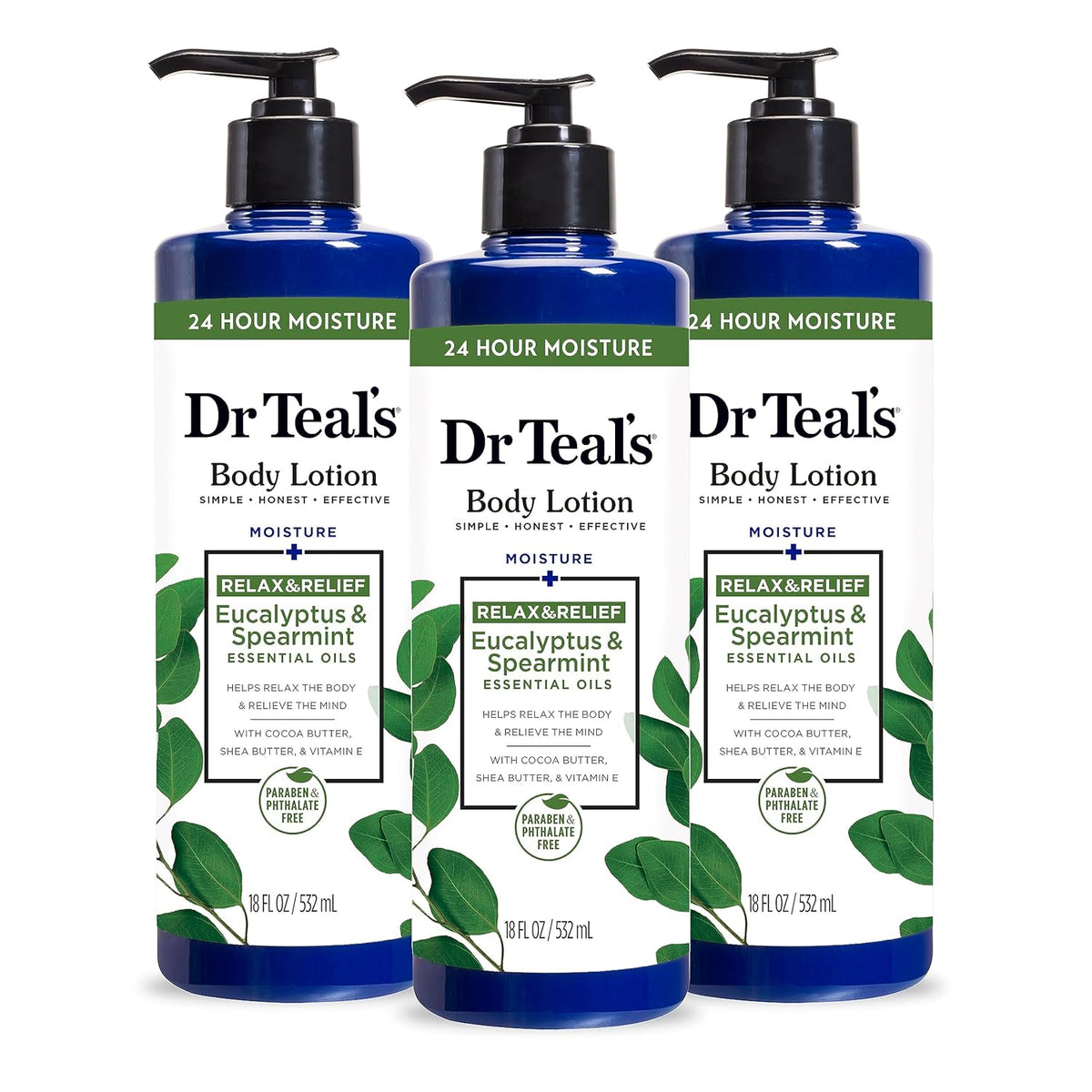 Dr Teal's 24 Hour Moisture+ Body Lotion, Eucalyptus & Spearmint & Essential Oils, 18 fl oz (Pack of 3)