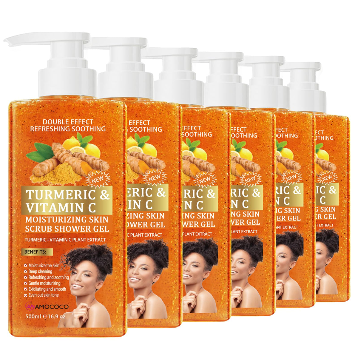 3Packs Vitamin C Turmeric Body Scrub Body Wash, Gentle Exfoliating Shower Gel with Fine Scrub Particles, Hydrating & Moisturizing Daily Cleanser Shower Gel, Unisex, 16.9 fl oz*3