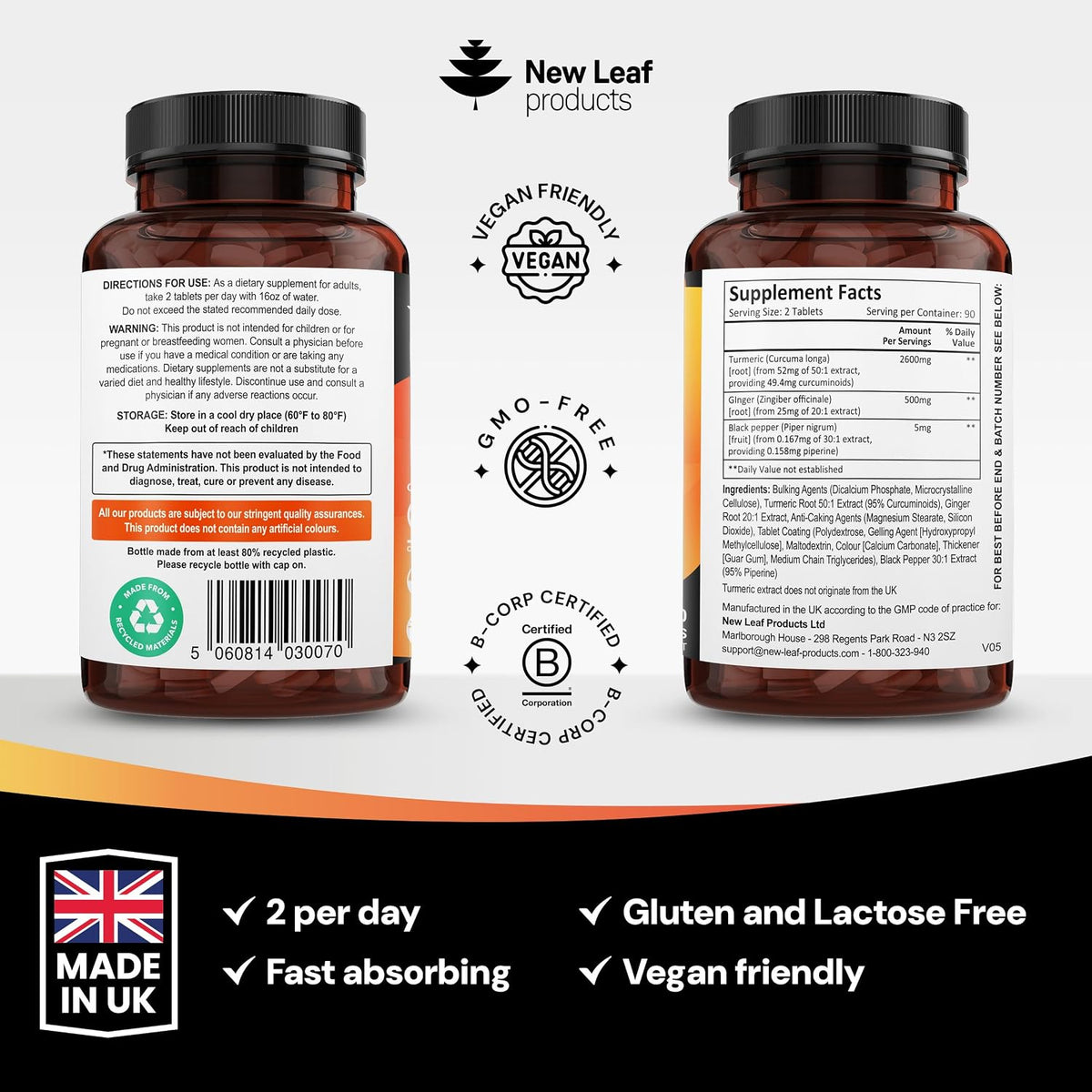 Turmeric Tablets with Black Pepper & Ginger - Curcumin - 180 Turmeric and Black Pepper Tablets (3 Month) High Strength Active Turmeric Supplements Not Capsules, by New Leaf