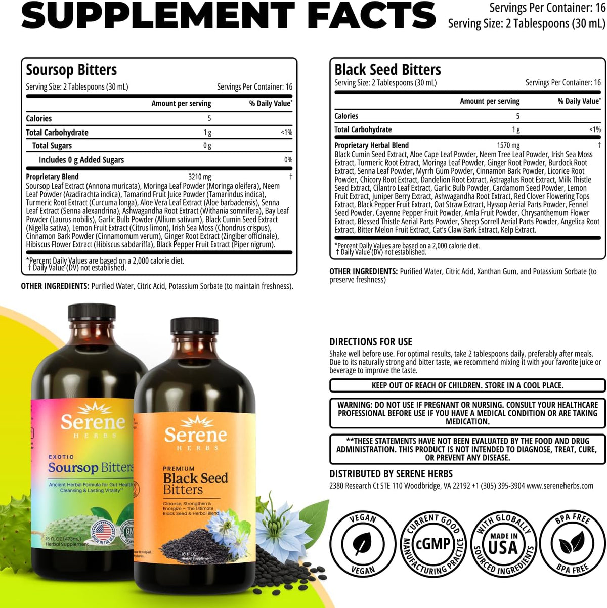 Serene Herbs Soursop Bitters Liquid & Black Seed Bundle – Organic Herbal Guanabana for Digestive Support – Vegan, Non-GMO – 32 oz (16 oz Each), (2 Pack)