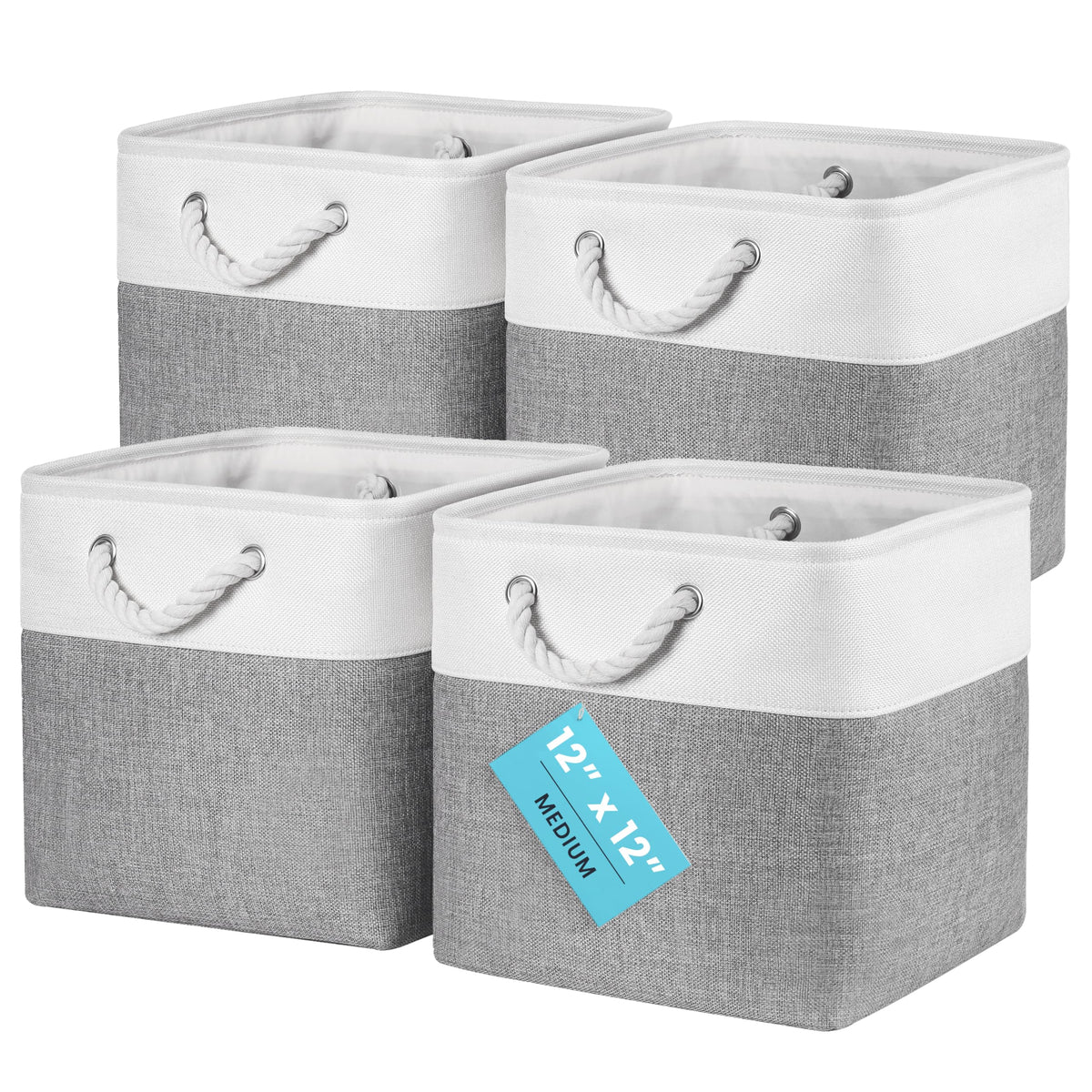 OrganiHaus 12x12 Cube Storage Bins, 4-Pack Fabric Cubes, Rope Handles