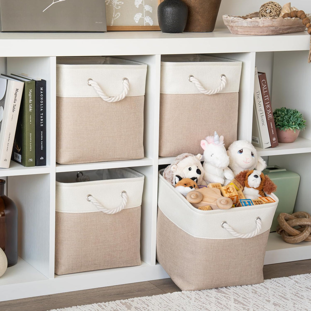 OrganiHaus 12x12 Cube Storage Bins, 4-Pack Fabric Cubes, Rope Handles