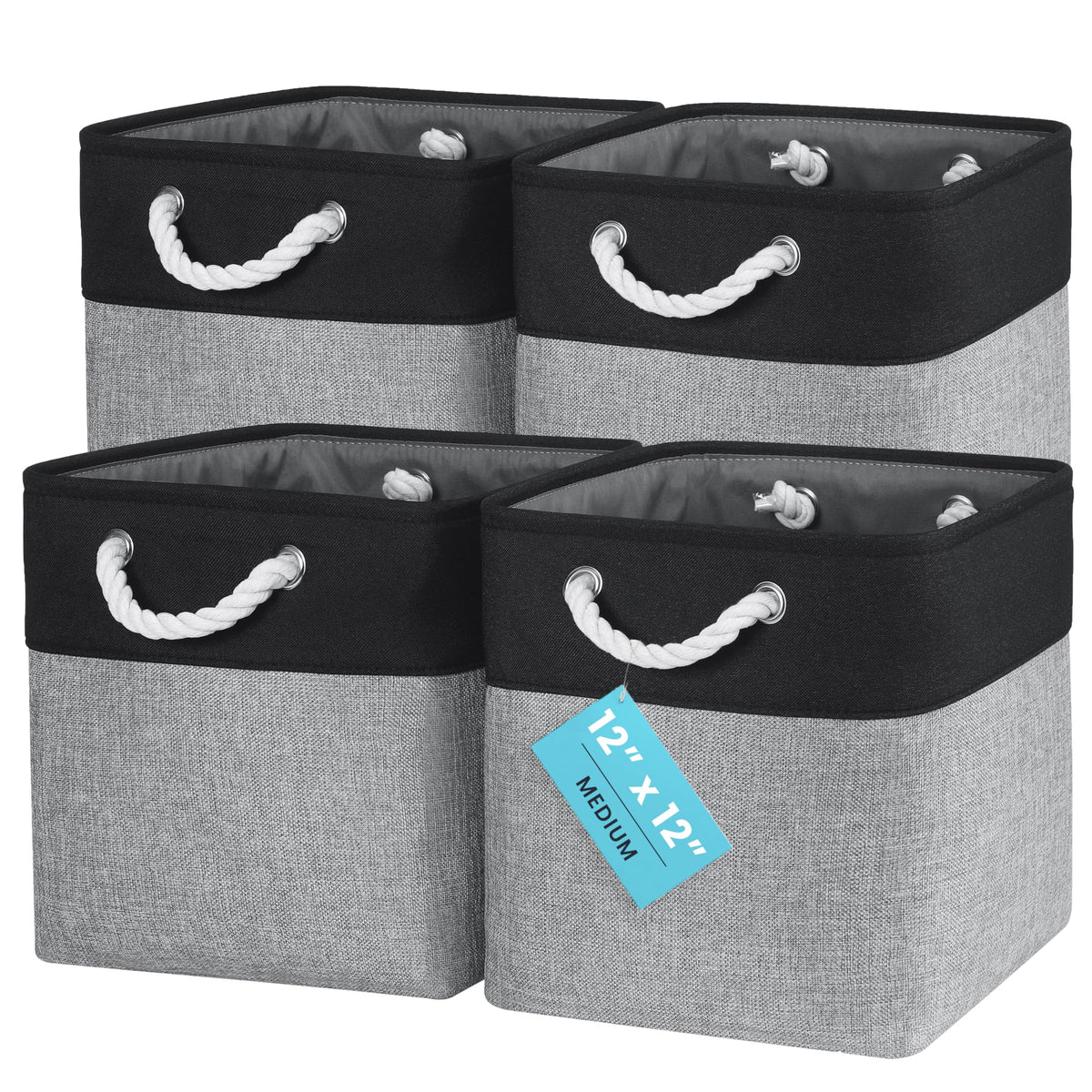 OrganiHaus 12x12 Cube Storage Bins, 4-Pack Fabric Cubes, Rope Handles